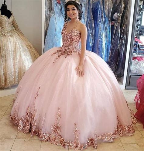 Rose Gold Lace Quinceañera Princess Ball Gown Sweet 16 Dress Pageant