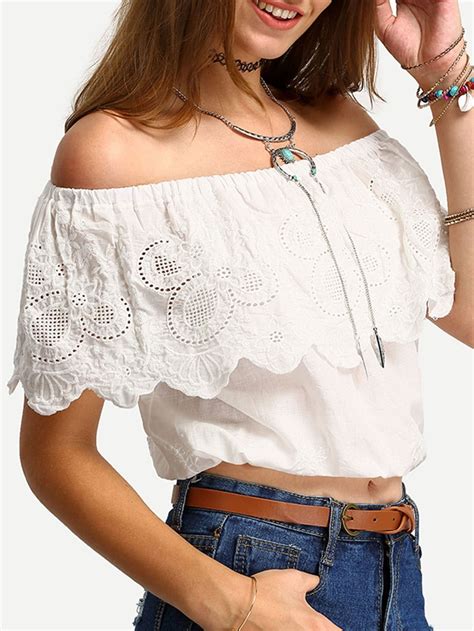 Off The Shoulder Embroidery Ruffled Blouse Sheinsheinside