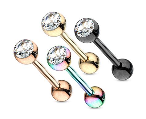 Set Of 4 All 316l Stainless Steel Tongue Barbells With Crystal Set Balls