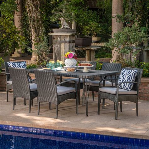 Noble House Joyce Grey 7 Piece Wicker Outdoor Dining Set With Grey