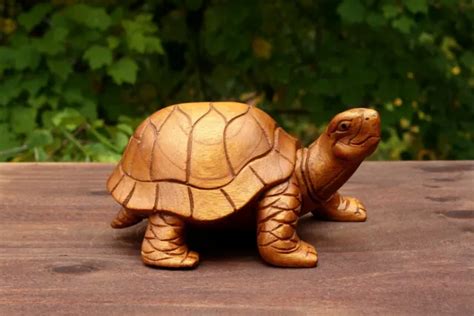 Wooden Tortoise Turtle Statue Hand Carved Sculpture Wood Decor Figurine