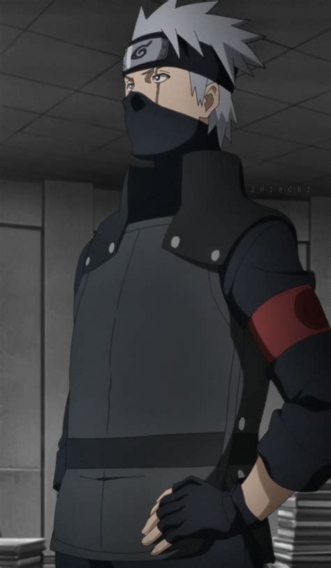 an anime character with grey hair and black clothes standing in front of a wall