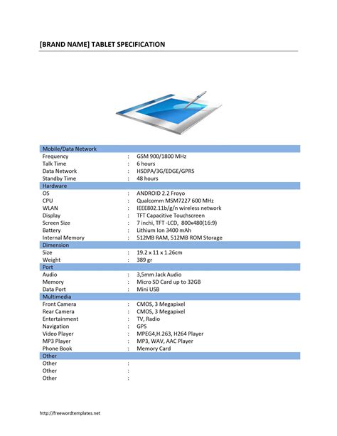 Product Specification Sheet Template