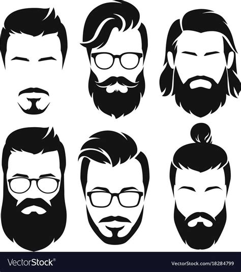 Set Of Silhouette Bearded Men Faces Hipsters Style With Different