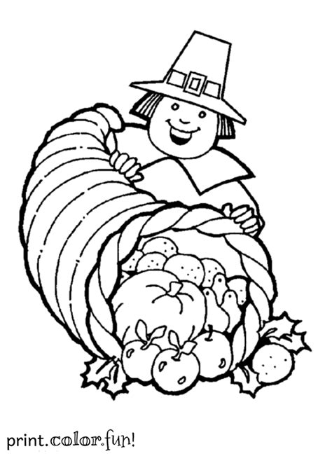 Pilgrim With Thanksgiving Horn Of Plenty Coloring Page Print Color Fun
