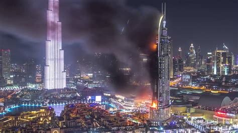 new year with huge fire at the address downtown dubai luxury hotel timelapse ข้อมูลทั้งหมดที่