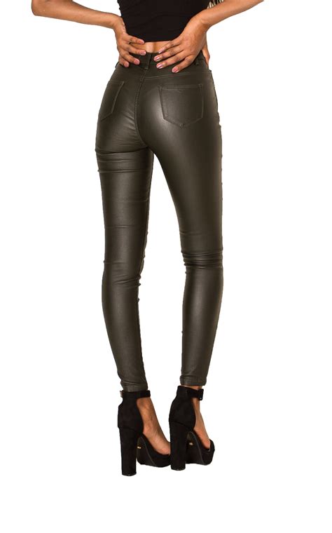 Womens Leather Look Trousers High Waist Faux Skinny Pants Stretch