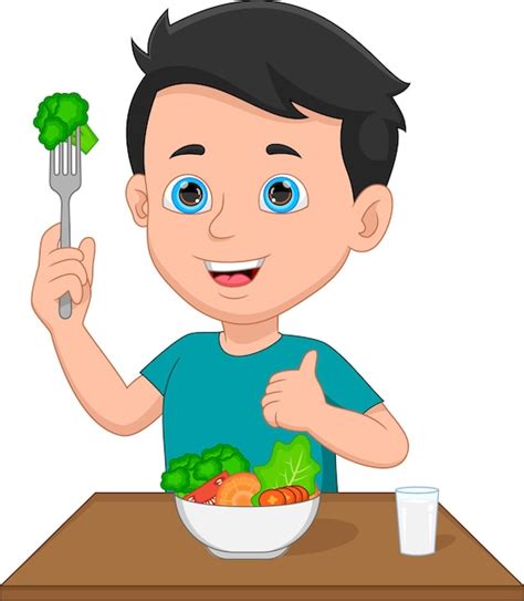 Niño Comiendo Verduras Y Bebiendo Dibujos Animados De Leche Vector