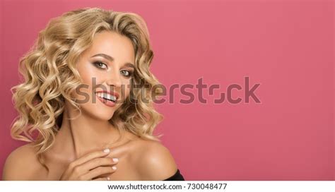 Blonde Woman Curly Beautiful Hair Smiling Stock Photo 730048477