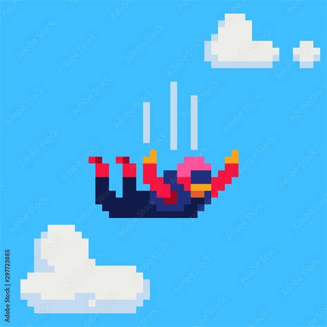 Skydiver Character Parachutist Flying Through Clouds Pixel Art Vector