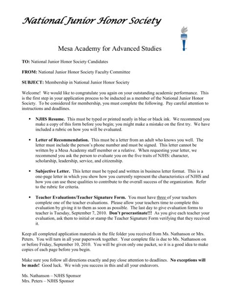 Self Recommendation Letter For National Honor Society Webcas Org