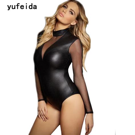 Yufeida Sexy Women High Cut Bodysuit Faux Leather Catsuit Pole Dance