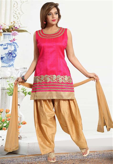 Embroidered Art Silk Punjabi Suit In Fuchsia In 2021 Designer Suits Online Kurta Designs