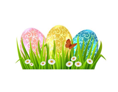 Colored Easter Eggs With A Pattern In Green Grass Flowers And