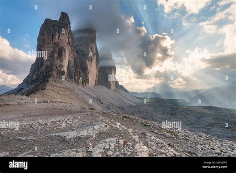 Sunset With Clouds On Tre Cime Di Lavaredo As Seen From Lavaredo Fork