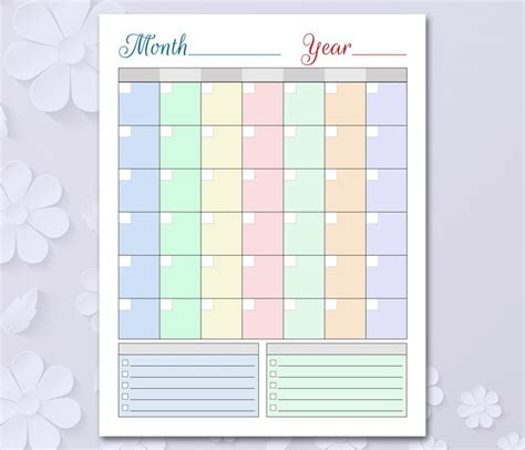 Colored Blank Calendar Printable Blank Perpetual Calendar Etsy New