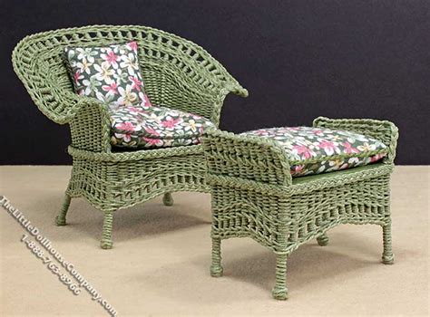 Miniature Olive Green Wicker Chair & Stool for Dollhouses [SEC 0015