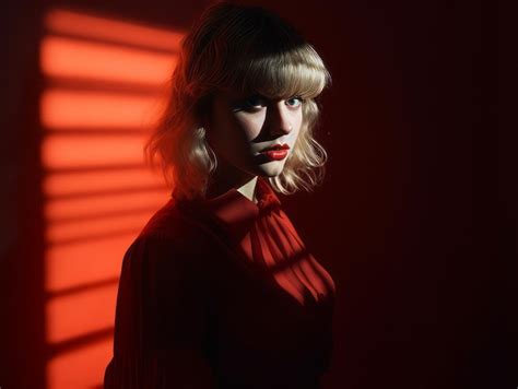 Premium Ai Image A Woman In A Red Dress Standing In Front Of A Red Light
