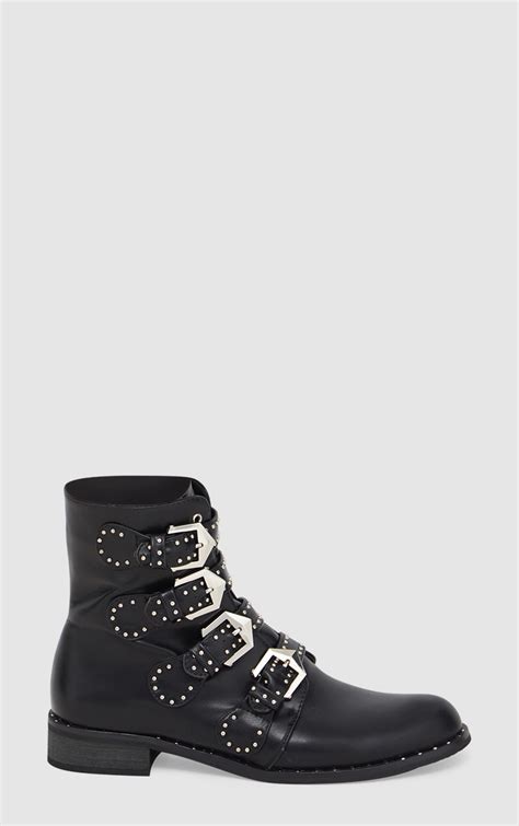 Black Pu Studded Buckle Ankle Boots Shoes Prettylittlething