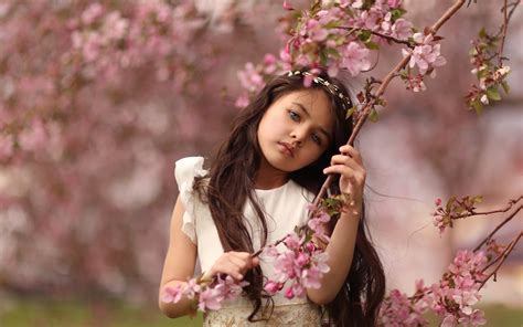 Wallpaper Cute Little Girl Pink Cherry Flowers 1920x1440 Hd Picture Image