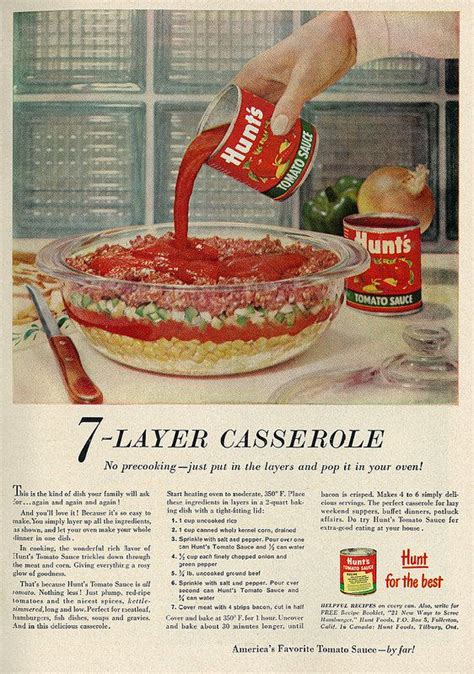 1958 Food Ad Hunts Tomato Sauce 7 Layer Casserole With Ground Beef