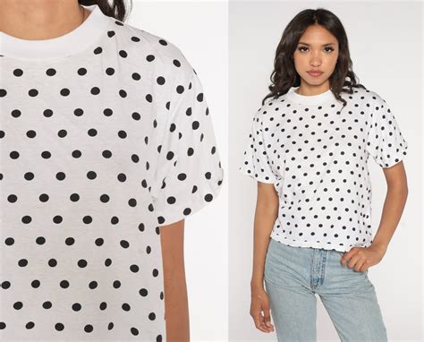 Polka Dot Shirt White Black T Shirt Retro Dot Print Top Simple Basic Streetwear Cute Casual