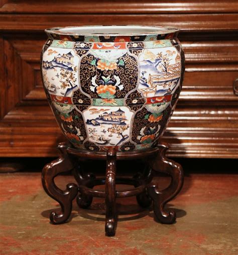 Antique victorian vaseline glass fish bowl with ornate gold painted stand with single bulb lamp. Chinese Porcelain Fish Bowl on Wood Stand with Avian and ...