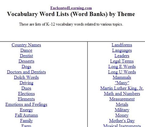 Vocabulary Building Word Banks By Theme Vocabulary Words List Of