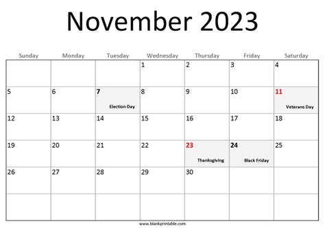 November 2023 Calendar Printable With Us Holidays Notes Monday Start