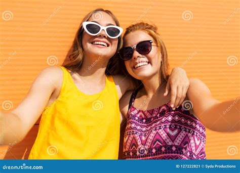 Teenage Girls Taking Selfie Outdoors In Summer Stock Image Image Of