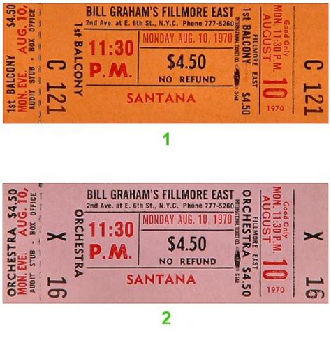 Santana Vintage Concert Vintage Ticket from Fillmore East, Aug 10, 1970 at Wolfgang's