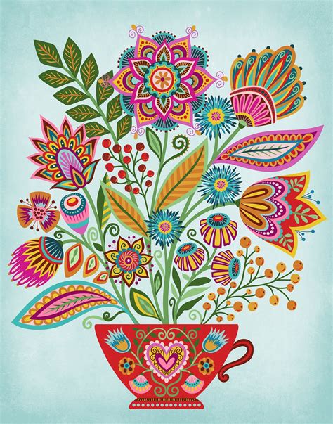 Botanical Floral Teacup Bouquet Art Print Folk Style “happiness” 8x10
