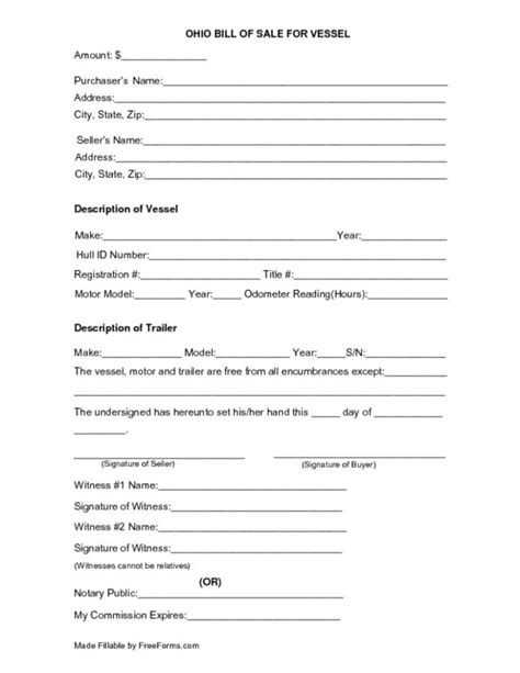 Free Ohio Boat Vessel Bill Of Sale Form Pdf