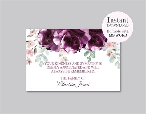 Purple Flowers Funeral Thank You Card In Loving Memory Etsy