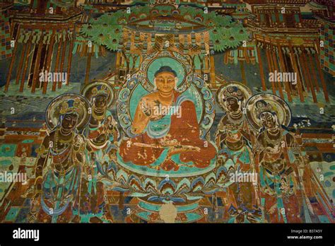Buddhist Cave Paintings At The Mogao Caves In Dunhuang China Stock