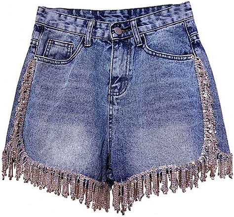 Rhinestone Tassel High Waist Denim Shorts Women Summer Diamonds Heavy Work Wide Leg Jeans Shorts