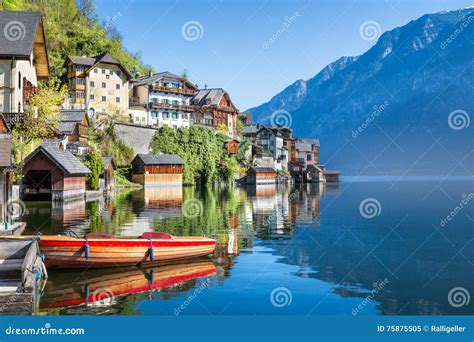 Hallstatt With Lake And Boat Salzkammergut Austria Stock Image