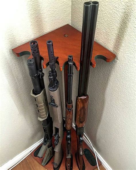 A gun rack is an ideal way to keep your collection of weapons together and to display them for the benefit of others. Corner Gun Rack … | Gun rooms, Gun rack