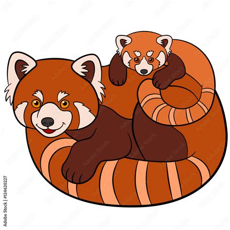 Cartoon Wild Animals Mother Red Panda With Her Cute Baby Stock Vector