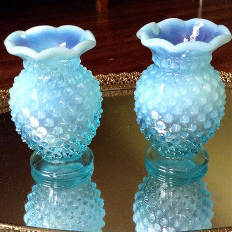 2 Blue And Milk Fenton Hobnail Glass Vases
