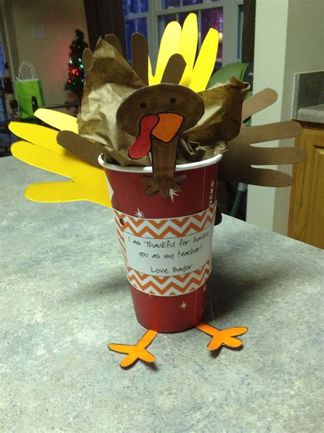 It includes plenty of festive gourmet treats, like royal riviera pears, moose munch caramel popcorn, sharp white cheddar cheese, and mixed nuts that'll keep their. Thanksgiving teacher's gift using A Starbucks cup and ...
