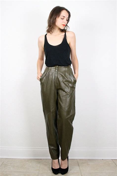 Vintage Leather Pants Olive Green Moss Green Army Green High Waisted
