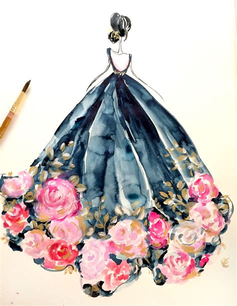 Watercolor Painting Fashion Illustration Rose Dress By Pink Puddle