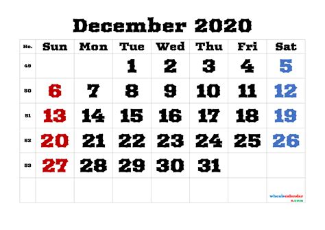 Printable December 2020 Calendar Monthly Calendar