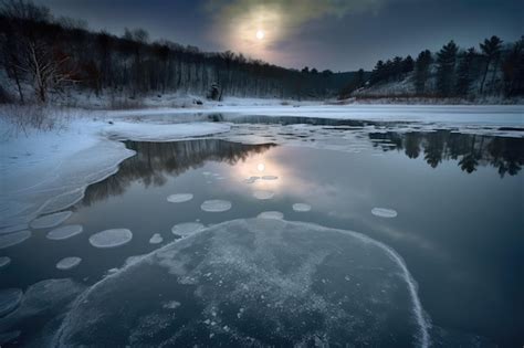 Reflejo De La Luna En Un Lago Congelado Durante La Ventisca Foto Premium