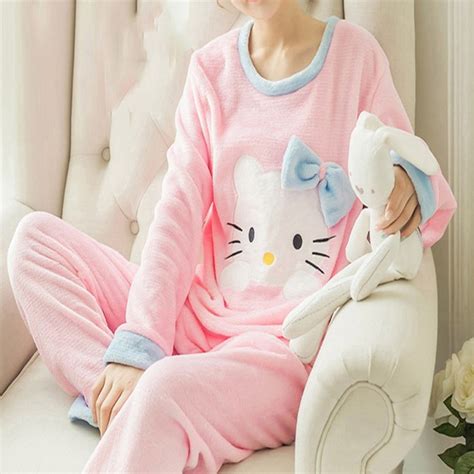 Women Cute Pink Hello Kitty Cat Coral Velvet Pajama Set 2018 Winter Thick Soft Home Sleepwear