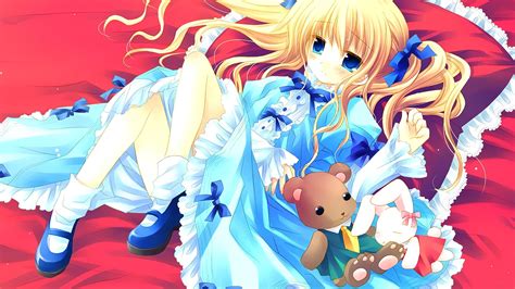 Wallpaper Illustration Blonde Long Hair Anime Girls Blue Eyes Looking At Viewer Sitting