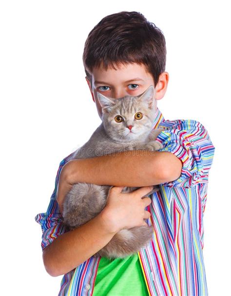 Boy With His Cat Stock Photo Image Of Affection Happy 53097544