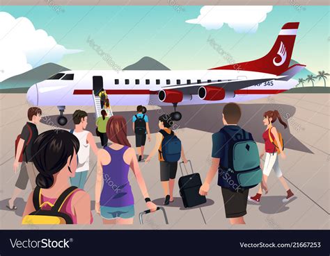 Tourists Boarding On A Plane Royalty Free Vector Image