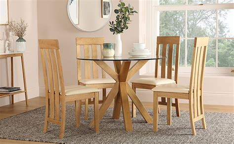 Hatton Round Dining Table And 4 Chester Chairs Glass And Natural Oak Finished Solid Hardwood Ivory